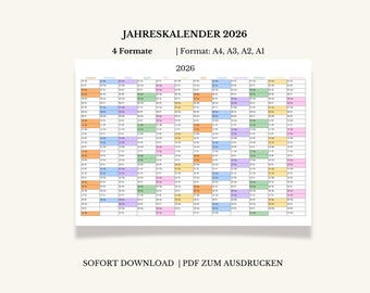 Printable 2026 calendar | 2026 wall calendar (A4, A3, A2, A1) | Landscape format / German 2026 planner