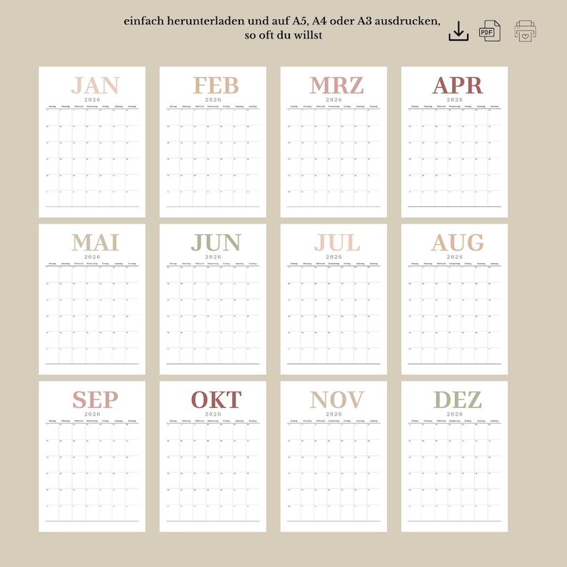 Kalender 2026 zum Ausdrucken – PDF Monatskalender zum Sofort-Download