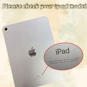 May include: Silver iPad with the Apple logo. The text "Please check your ipad model" is at the top. A close-up shows the word "iPad" and the model number A2567.