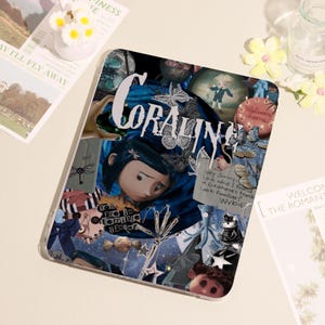 May include: A clear protective case featuring a collage of images from the movie "Coraline." The design includes the title "CORALINE" in large white letters, along with character illustrations, butterflies, and text fragments.