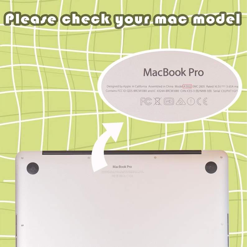May include: A silver MacBook Pro laptop with the text "MacBook Pro" and "Please check your mac model". The image includes technical specifications and model information, including "Model A1502". The background has a green grid pattern.
