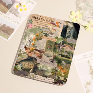 May include: A clear tablet case with a collage design featuring vintage imagery, including text from Shakespeare, flowers, and a candle. The design incorporates a variety of colors and textures, creating a romantic aesthetic.