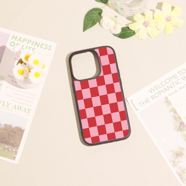 Rosa karierte Handyhülle für iPhone Air 17 16 15 14 13 12 11 Pro / ProMax Plus Mini XR XS SE2020, All-inclusive-Objektiv Personalisierte Name Telefonabdeckung