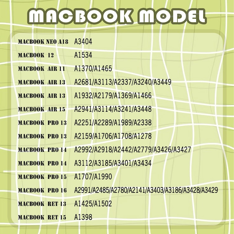 May include: A chart listing various MacBook models and their corresponding model numbers. The text is in a sans-serif font and is arranged in a grid format against a light green and white background.