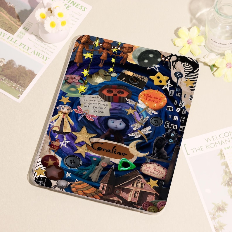 May include: A clear phone case featuring a collage design with elements from the movie "Coraline." The design includes character illustrations, stars, buttons, and the text "Coraline." The background is a dark blue with various other decorative elements.