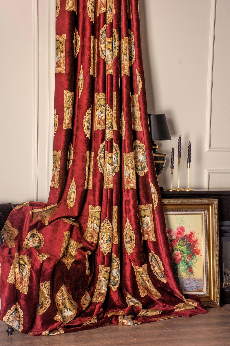 Curtain Renaisance Burgundy Velvet Curtain With Renaissance Art Motif: Luxury Classic ...