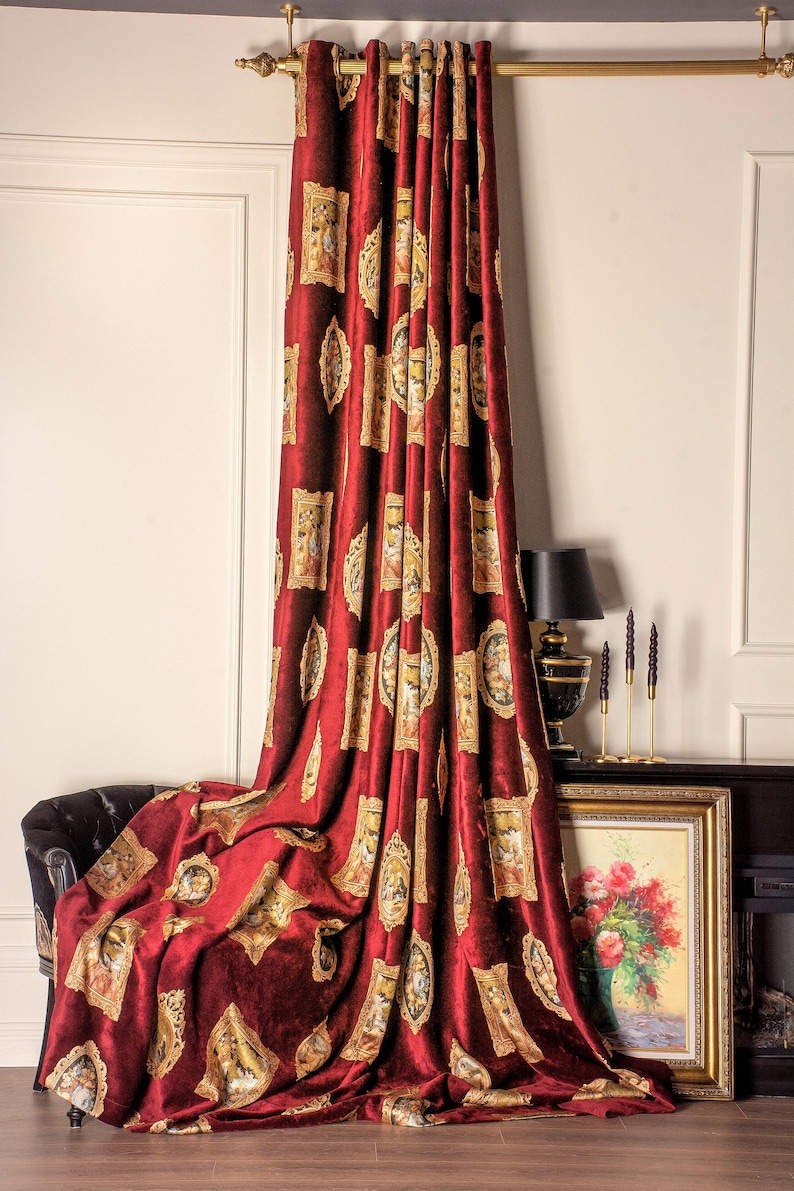 Curtain Renaisance Burgundy Velvet Curtain With Renaissance Art Motif: Luxury Classic ...
