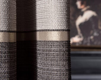 Extra Long Color Block Curtains: Custom Length Linen Look Drapes, Neutral Luxury Curtain Panel, Modern Farmhouse Window Treatment.