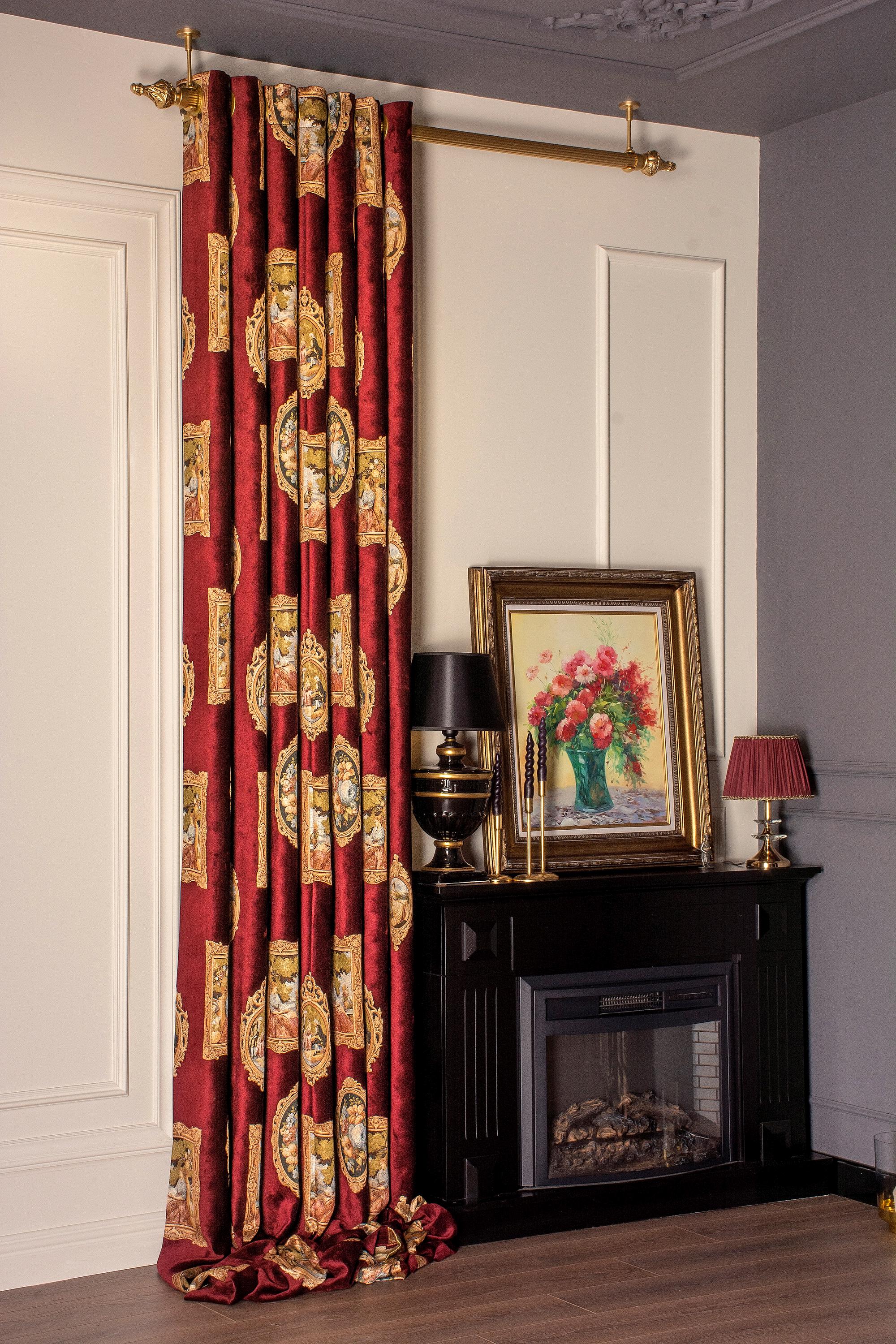 Curtain Renaisance Burgundy Velvet Curtain With Renaissance Art Motif: Luxury Classic ...
