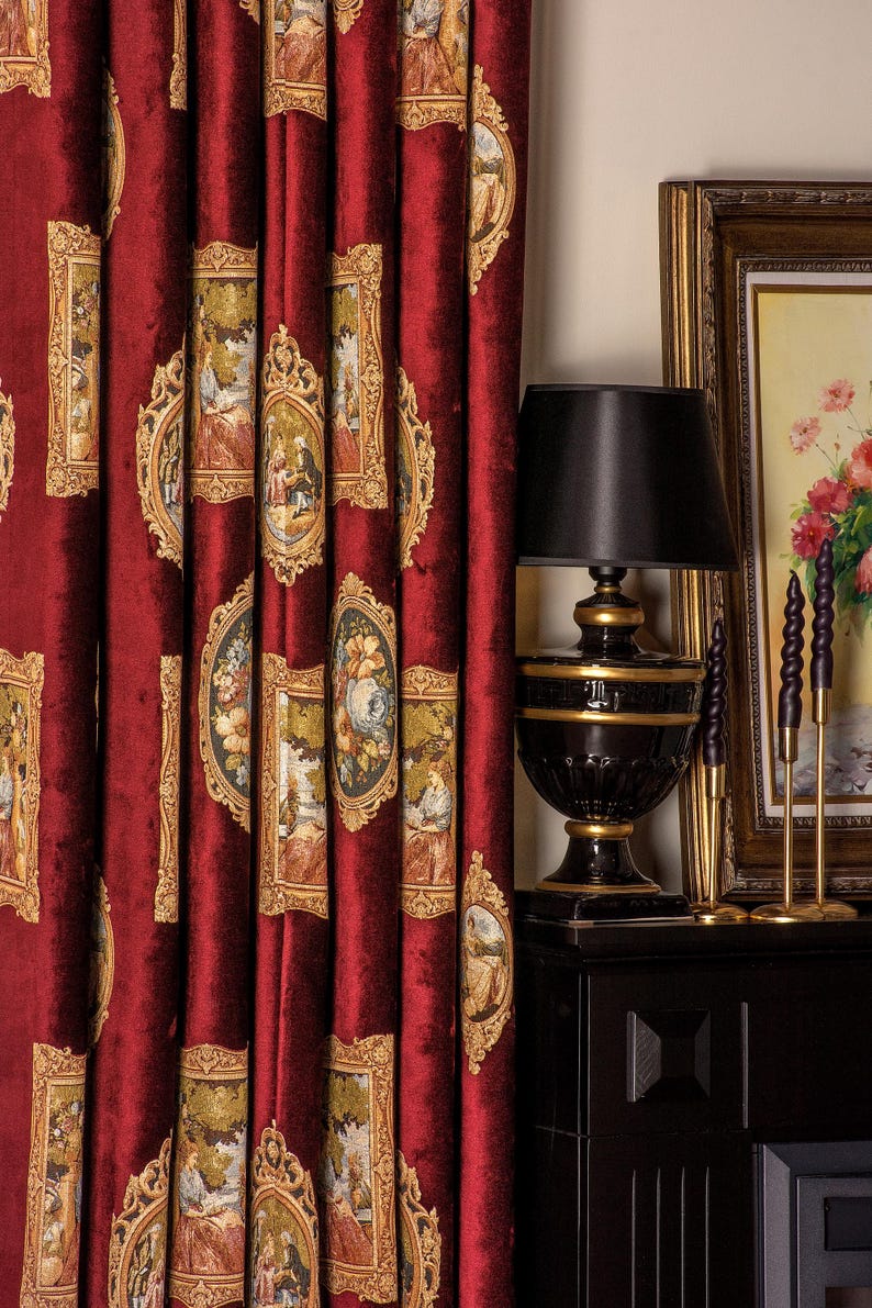 Curtain Renaisance Burgundy Velvet Curtain With Renaissance Art Motif: Luxury Classic ...