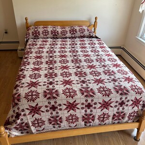 Vintage 1970s Bates Double Full Size Geometric Light Pink, Red & Maroon Fringed Bedspread