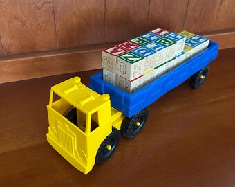 Vintage 1980s Playskool ABC Block Express Toy Truck and Trailer Set with Wooden Alphabet Blocks