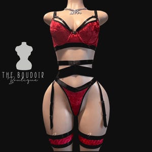 Seductive Red Velvet Lingerie Set | 3-Piece Bra, Garter Belt, and Thong Set | Sexy Strappy Velvet Design for Boudoir Photoshoots or Gifts