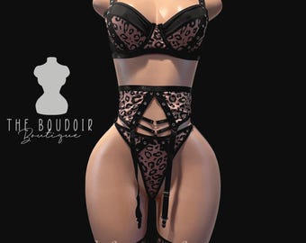 Leopard Print Lingerie Set | Strappy Garter Belt, Thigh Highs