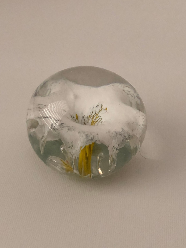 White flower with yellow stem inside clear glass paperweight
