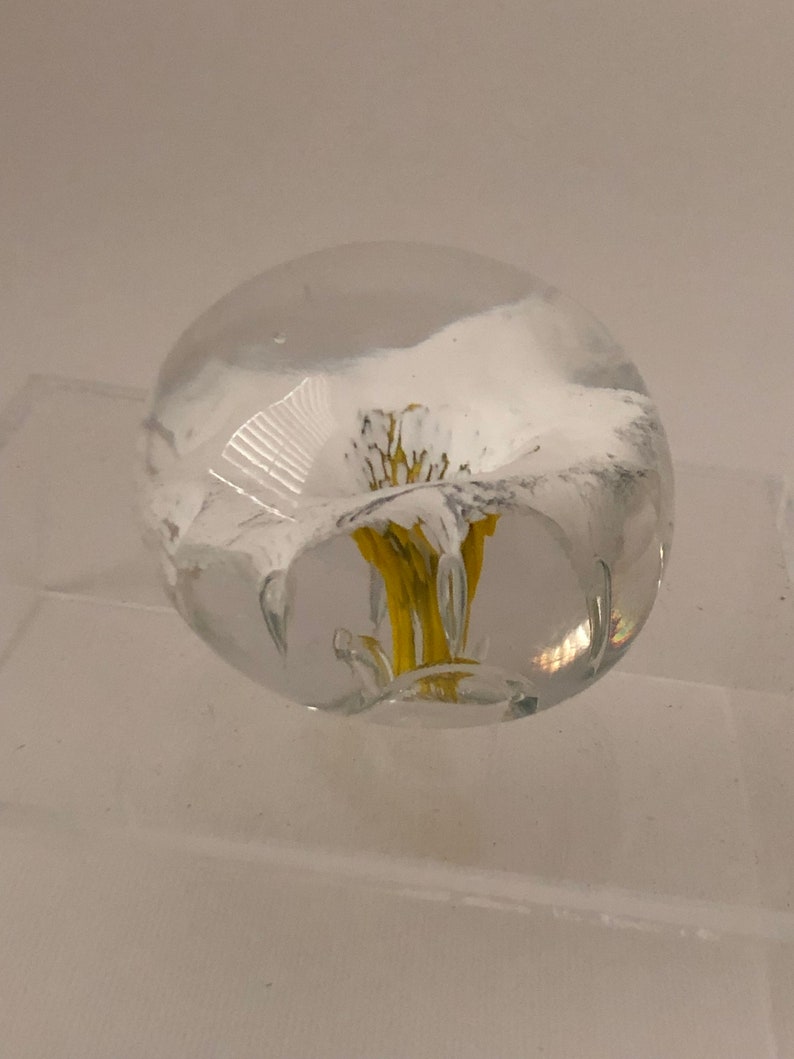 White flower with yellow stem inside clear glass paperweight