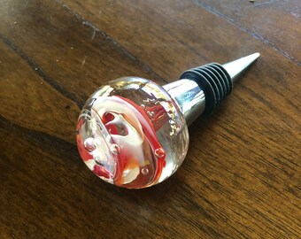 Hand sculpted red and white swirled glass wine stopper