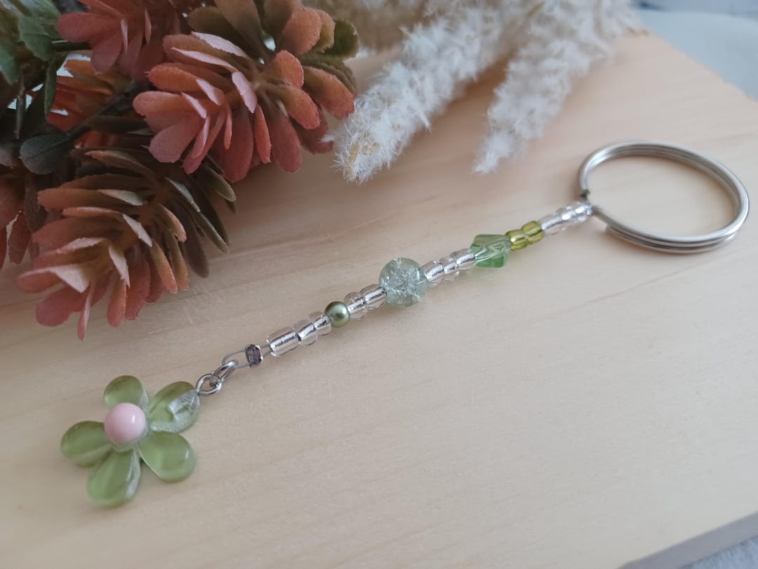 Handmade Glass Bead Keychain With Glass Flower Charm - Unique Floral ...