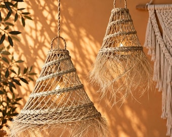 MIRAJ – Moroccan Conical Doum Pendant Light – Set of 2 in S M L, Openwork Handwoven Lampshade, Boho Decor