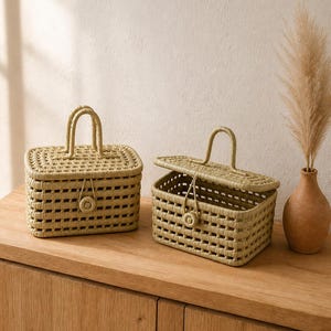 Può includere: Due cestini rettangolari color beige chiaro intrecciati con coperchi e manici. Ogni cestino presenta un motivo a griglia e una chiusura centrale con bottone circolare sul davanti. Un cestino è chiuso, l'altro ha il coperchio socchiuso.