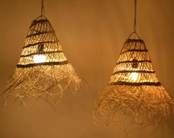 Suspension Marocaine Conique en Doum Naturel — Abat-jour Ajouré Fait Main, Lustre Bohème — 2 à 4 Pièces, Décor Naturel
