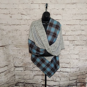 Blue, Brown, Black, & Light Grey Plaid Knit Twisted Mobius Wrap
