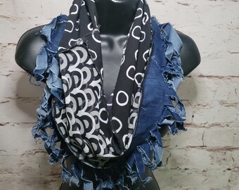 Black and White with Fringed Denim Infinity Scarf