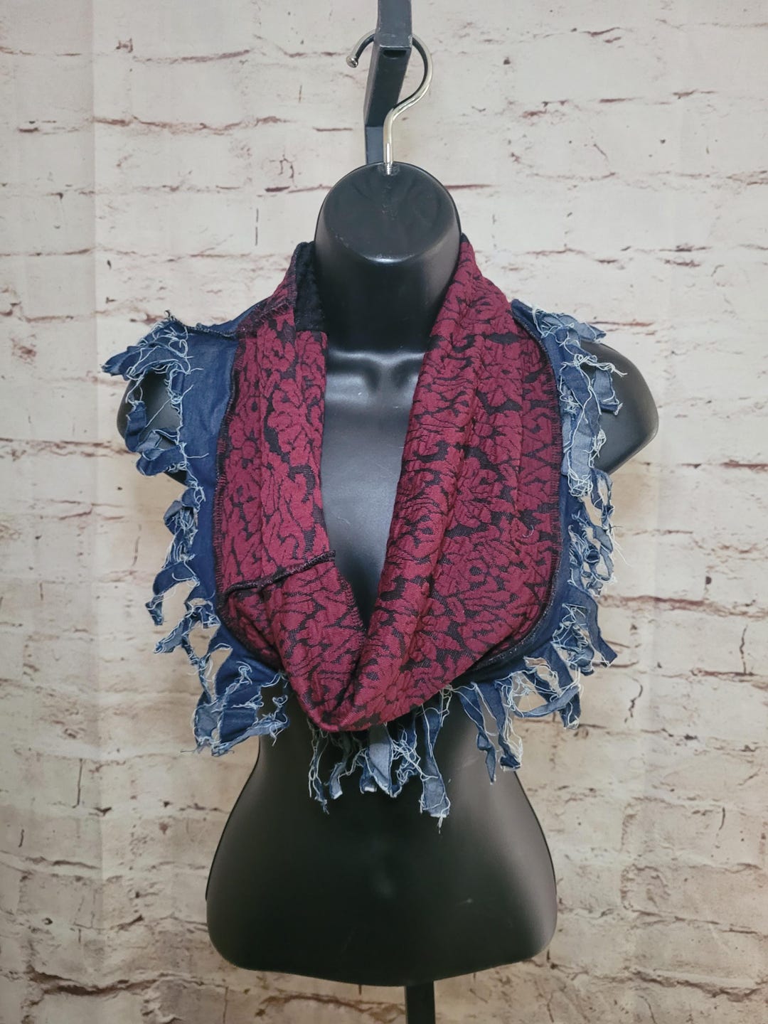 Cranberry Knit With Fringed Denim Infinity Scarf - Etsy