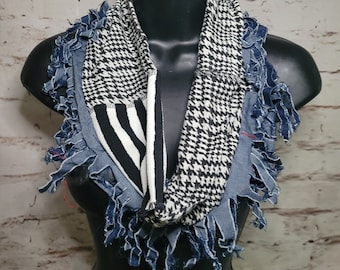 Black and White Knit with Fringed Denim Infinity Scarf