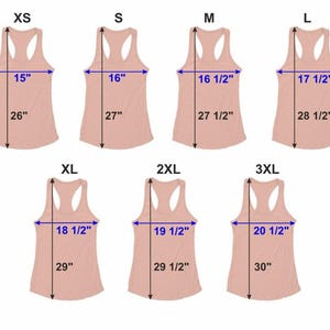 May include: A collection of six light pink racerback tank tops in various sizes, labeled XS to 3XL. Measurements in inches are displayed for each size, including width and length. The tank tops have a scoop neck and a racerback design.