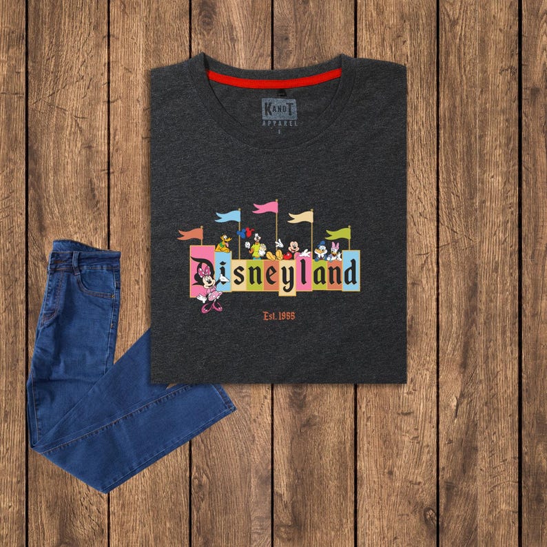 Puede incluir: Una camiseta gris oscuro con un gr&aacute;fico colorido de Mickey Mouse y otros personajes de Disney frente a un cartel que dice "Disneyland" con el texto "Est. 1955" debajo.