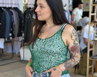 Hand-Knitted Sequin Top, Sparkly Green Knit, Party Outfit