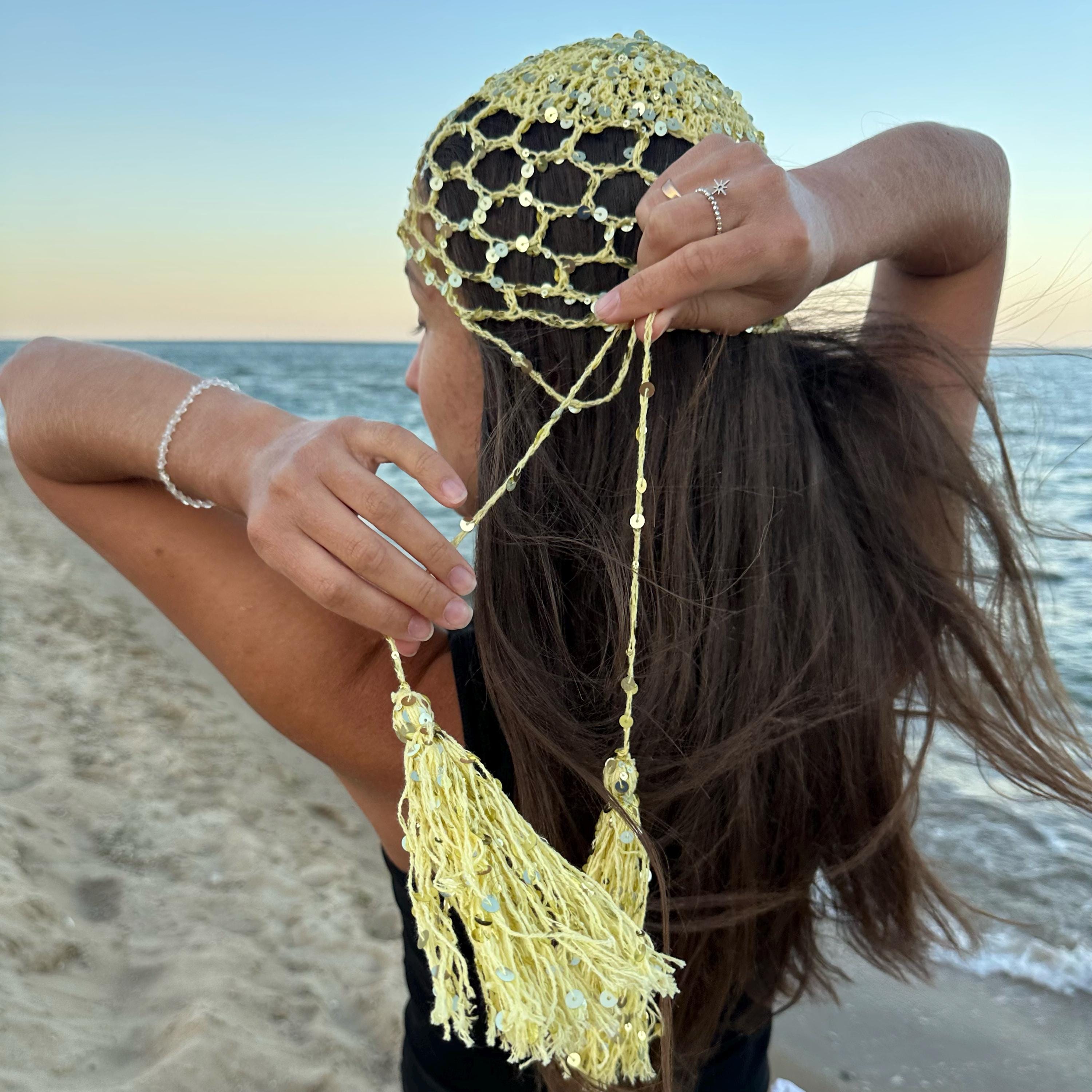 Handmade Yellow Crochet Beanie, Silver Tassels, Sequins 