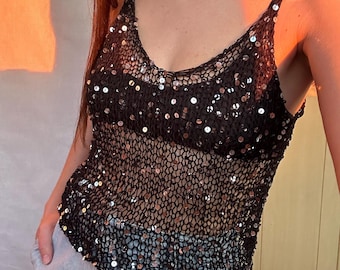 Hand-Knitted Sequin Crop Top, Festival Concert Outfit Burning Man Party Uniform
