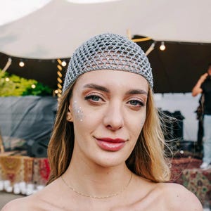 Summer Sequin Beanie Crochet Gray Mesh Hat, Mesh Beanie Hat with Silver Sequins, Netted Mesh Beanie, Hand-Crocheted Skull Cap Women Lace Cap