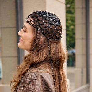 Black Crocheted Mesh Beanie with Sequined Tassels, Boho Festival Headpiece and Summer Skull Cap