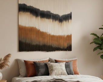 Large Abstract Fiber Art Macrame Tapestry: Handmade Dip Dye fiber Wall Hanging Modern Textile Art for Mid Century Living Room Bedroom Decor