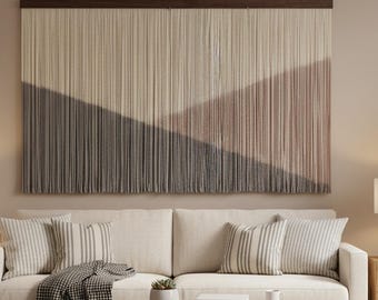 Minimalistische grote macramékunst: Japandi-garen hangend geweven muurdecoratie — neutrale vezelkunst voor woonkamer, kantoor, slaapkamer textielmuur