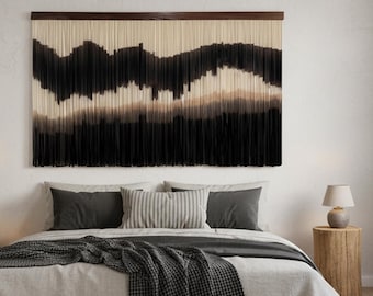 Wabi Sabi Oversized Wall Decor: Zen Minimalist Art Hand Dyed Organic Cotton Macrame, Large Abstract rustic boho Fiber Tapestry for bedroom