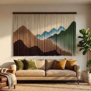 Väggbonad med bergsmakrame Brun blågrön Panorama Fiberkonst Stor överdimensionerad boho gobeläng Modern rustik väggdekor Japandi väggmålning