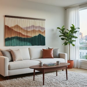 Tapiz de pared de macramé con montañas de colores: tapiz moderno de fibra artística. Gran decoración bohemia para sala de estar, dormitorio, comedor u oficina.