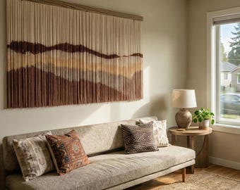 Brown hills Wall Decor Macrame Hanging: Large Boho Fiber Art Tapestry — Modern Eclectic boho Yarn accent for Living Room, Office or Bedroom