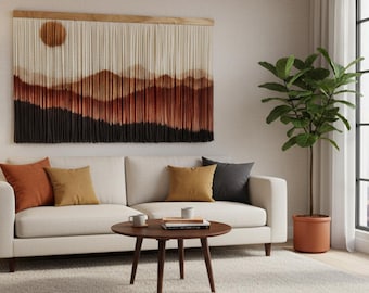 Grand art en macramé : tapisserie murale montagnes bohèmes — Décoration moderne en fibre de verre pour le salon, la salle à manger, la chambre à coucher, le couloir et le bureau