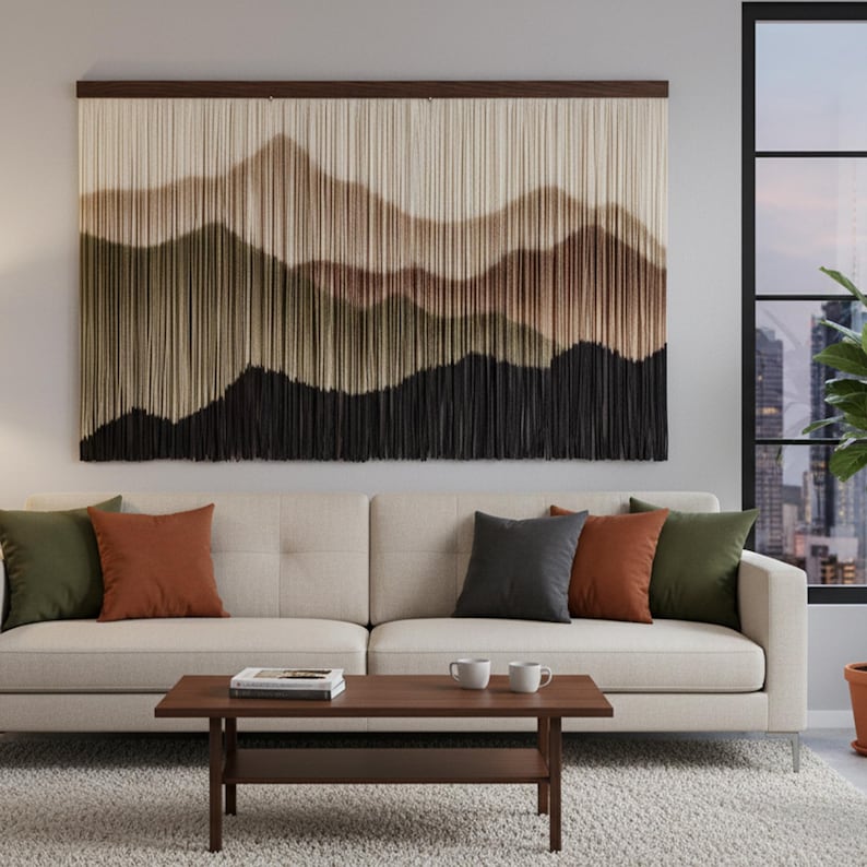 Mountain Wall Decor Macrame Hanging: Large Boho Fiber Art Tapestry — Modern Eclectic Yarn Wall Art for Living Room, Office, or Bedroom image 1