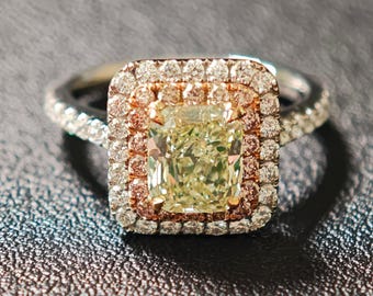 Halo Natural Diamond Ring, Green Radiant 1.41ct GIA, Pink and White diamonds, 18K Gold