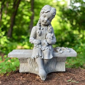 Girl with cat statue \ Yard kid idea \ Concrete child figure \ Girl lawn decor \ Outdoor child sculpture \ Sitting girl art \ Kid and kitty