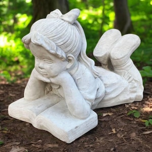 Concrete girl sculpture / Kid backyard style / Lawn child ornament / Outdoor girl decoration / Garden kid statue / Reading girl art