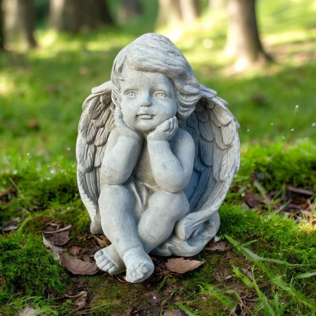 Sitting Cherub Sculpture / Garden Angel Ornament / Stone Religious Art ...
