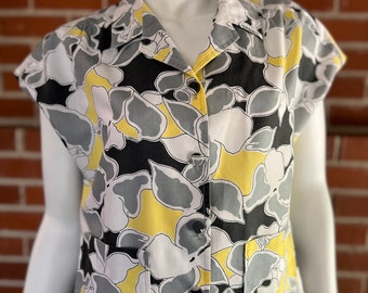 50s/60s handmade floral summer blouse yellow gray vintage