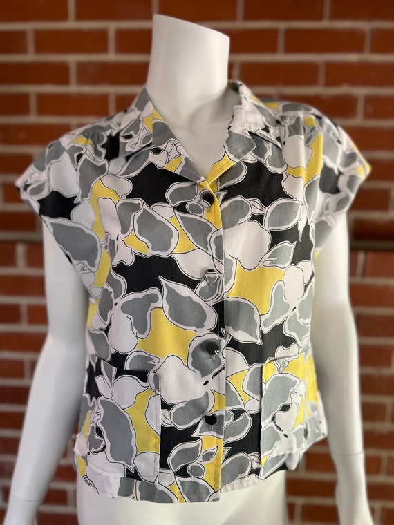 50s/60s handmade floral summer blouse yellow gray 